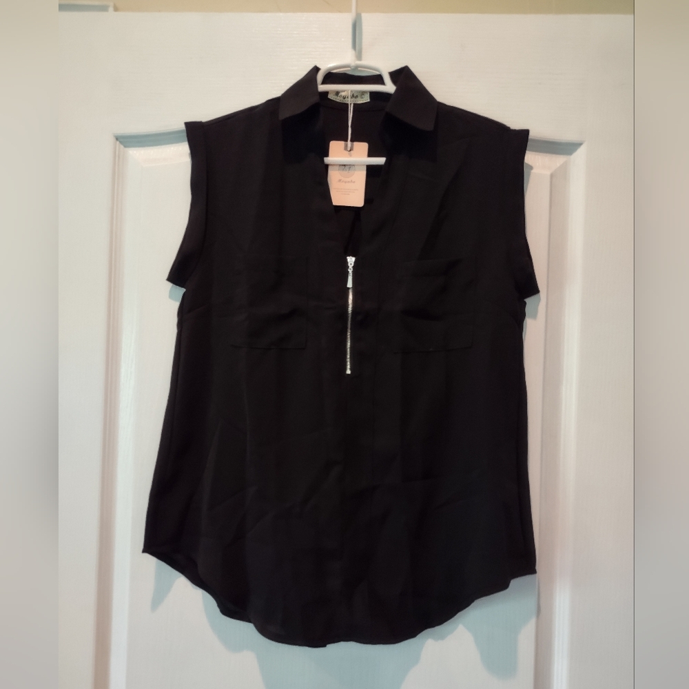 NWT Moyabo Sleeveless Black Top Cap Sleeves Zip Front Size L